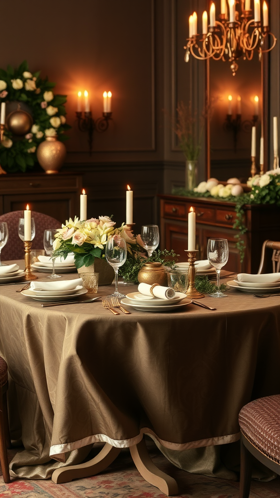 Elegante festliche Tafel mit Kerzen, Blumen und schön gefalteten Servietten.