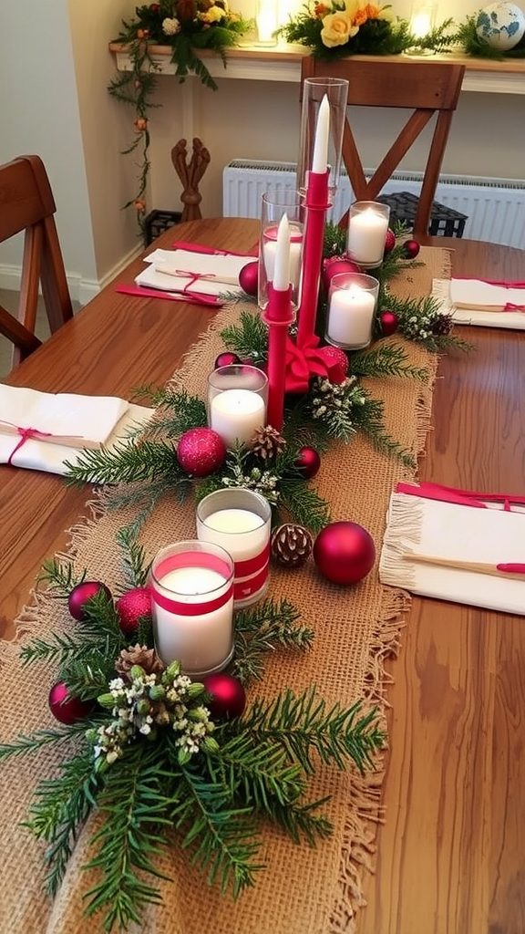 Ein festlich gedeckter Tisch mit einem Jute-Tischläufer, Kerzen und roten Weihnachtskugeln.