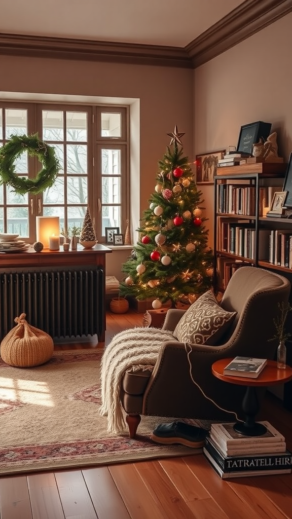 Cozy reading corner with a Christmas tree and warm decor