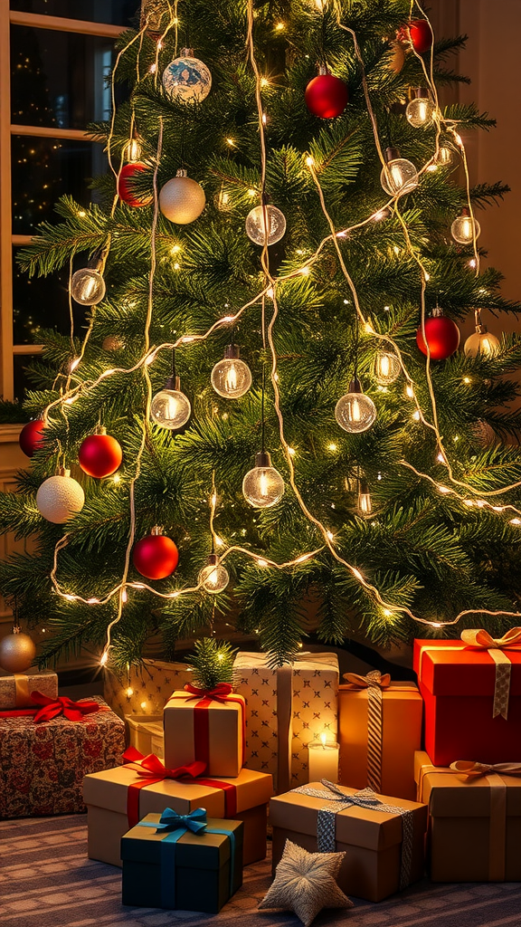 Ein dekorierter Weihnachtsbaum mit bunten Kugeln und Lichterketten, umgeben von Geschenken.