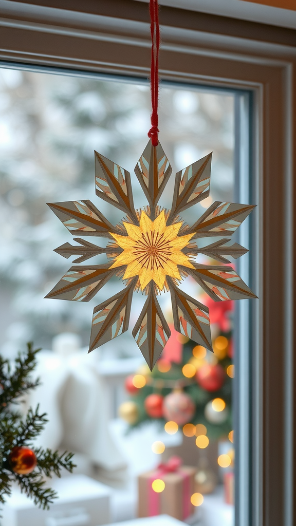 Ein schöner, hängender Weihnachtsstern aus Papier, beleuchtet, vor einem Fenster mit winterlicher Aussicht.