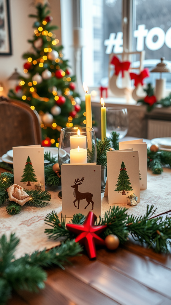 Festlich dekorierte Tischkarten mit Weihnachtsbaum- und Rentiermotiven auf einem schön gedeckten Tisch für das Weihnachtsessen.