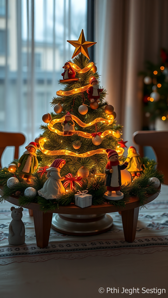 A beautifully decorated Christmas scene featuring a tree with lights and figurines.