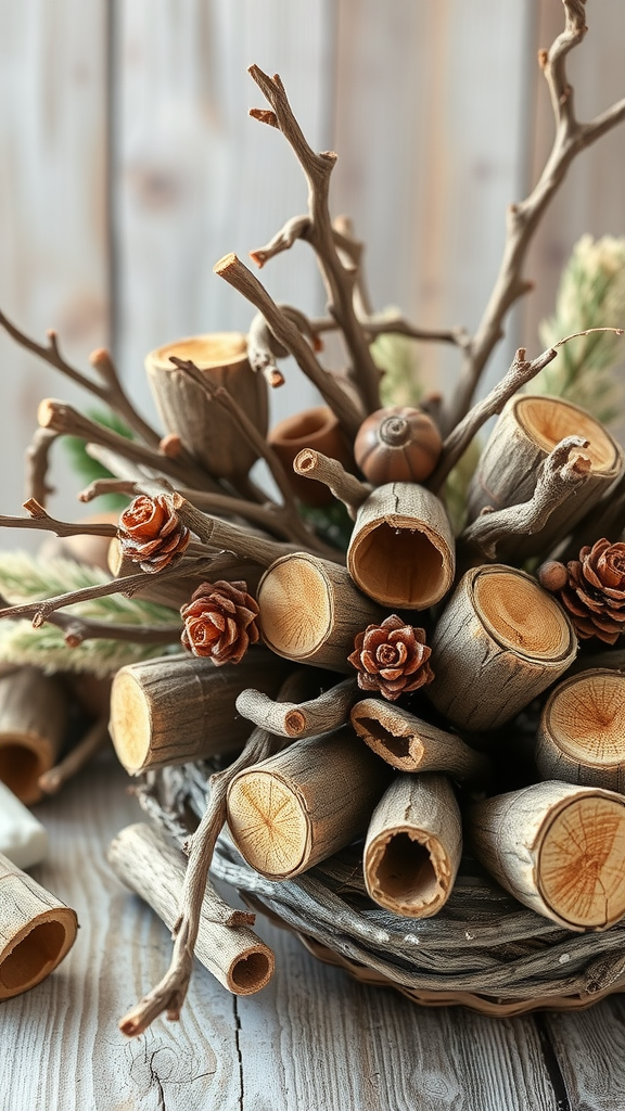 Ein rustikales Arrangement aus Holzstücken, Tannenzapfen und Zweigen in einem Korb.