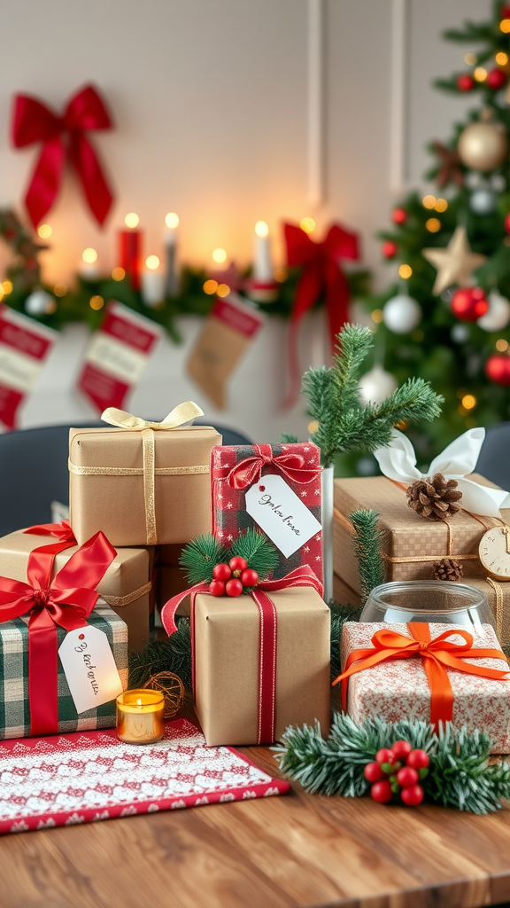 Festlich dekorierte Geschenke mit rotem und grünem Weihnachtsthema auf einem Tisch.