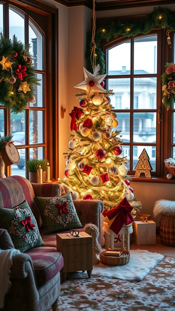 A cozy living room with a beautifully decorated Christmas tree and festive wreaths.