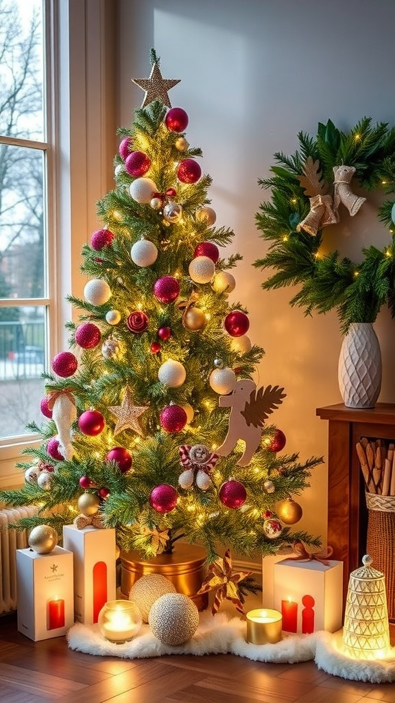 A beautifully decorated Christmas tree with colorful ornaments, lights, and candles in a cozy setting.