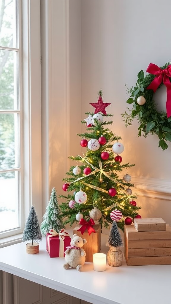 A cozy Christmas scene with a small decorated tree, gifts, and festive decorations.