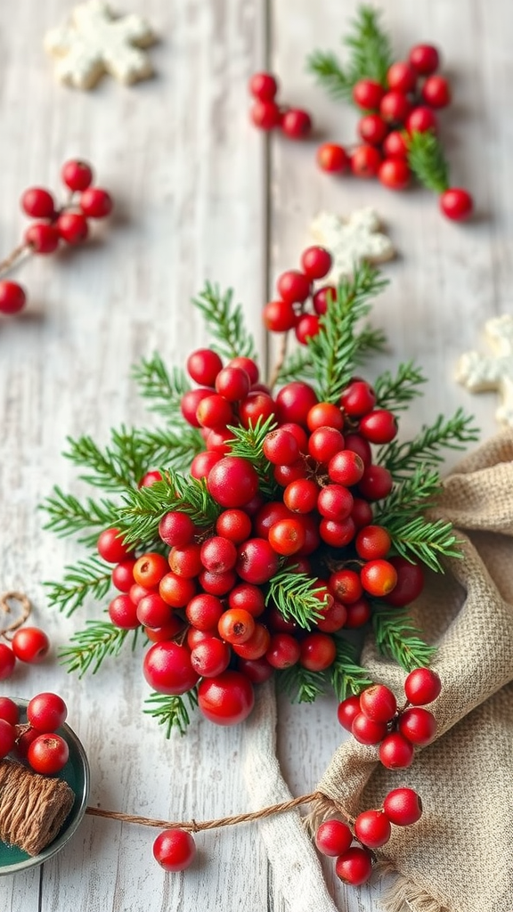 Rustikaler DIY-Weihnachtskranz mit roten Beeren und grünen Zweigen auf einem Holzuntergrund