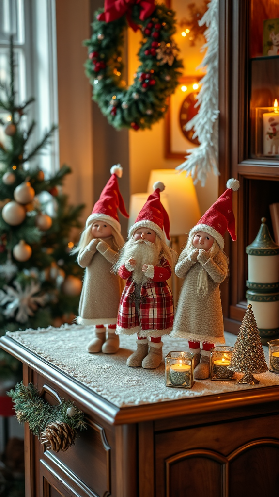 Drei süße Weihnachtsfeen stehen auf einem Tisch mit Kerzen und festlicher Dekoration im Hintergrund.