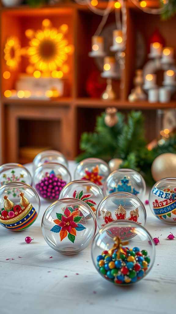 Bunte, selbstgemachte Christbaumkugeln aus Glas auf einem Tisch in einer festlichen Umgebung