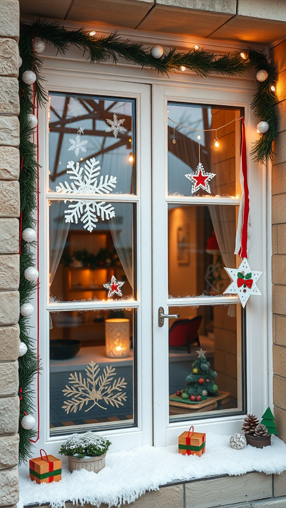 Festlich dekoriertes Fenster mit Tannenzweigen, Weihnachtssternen und Geschenken.