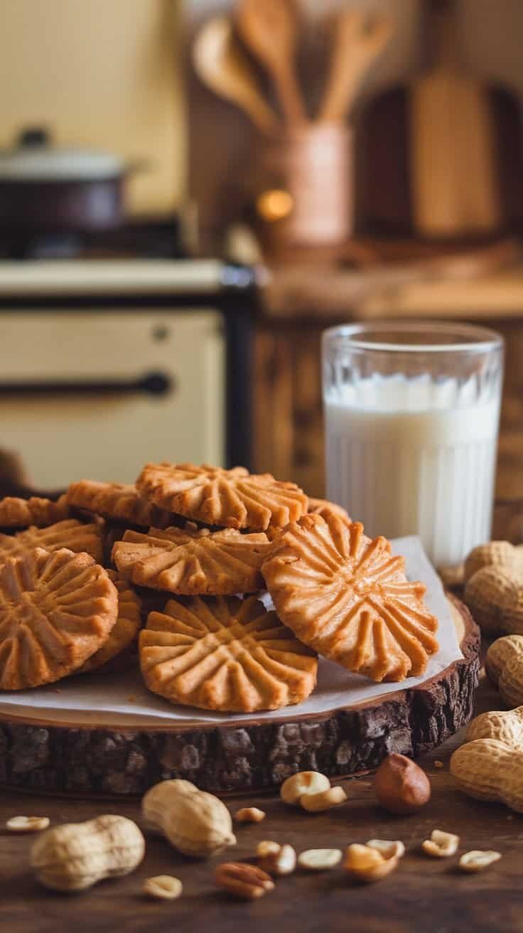 Frisch gebackene Erdnussbutterkekse auf einem Holzbrett, umgeben von Erdnüssen und einem Glas Milch.