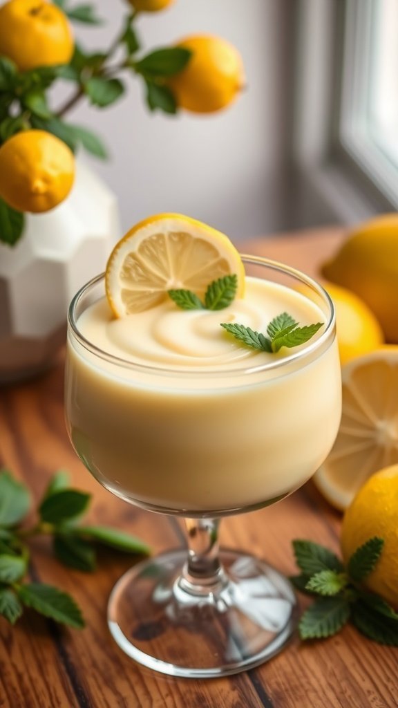 Cremiger Zitronenpudding in einem Glas, dekoriert mit Minze und Zitronenscheibe, auf einem hellen Holztisch.