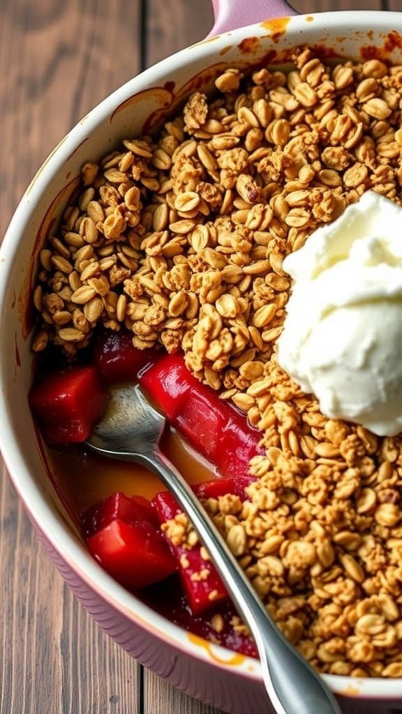 Delicious rhubarb crumble dessert with a golden oat topping