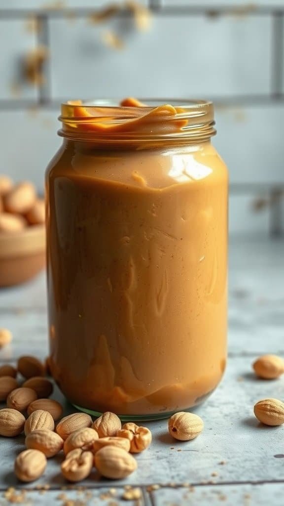 Ein Glas selbstgemachte Erdnussbutter mit Erdnüssen darum herum