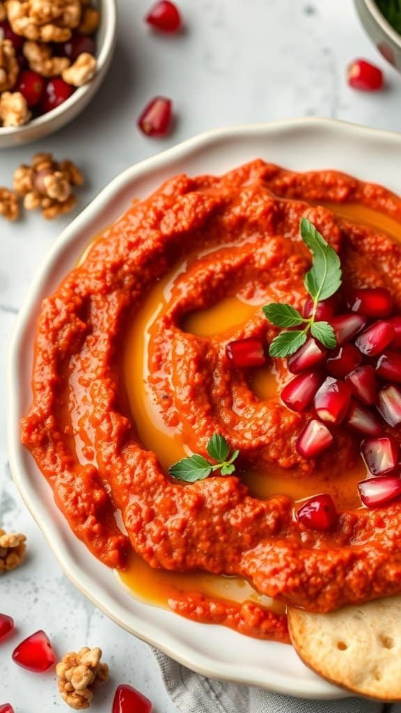 Muhammara Dip auf einem Teller mit Granatapfelkernen und Kräutern garniert.