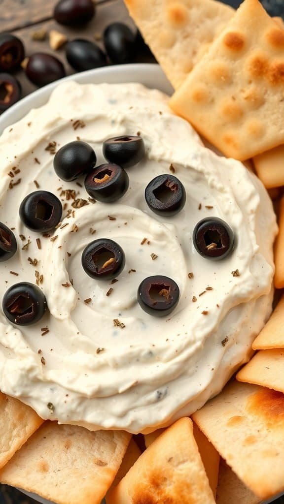 Köstlicher Feta-Dip mit Brot und Oliven