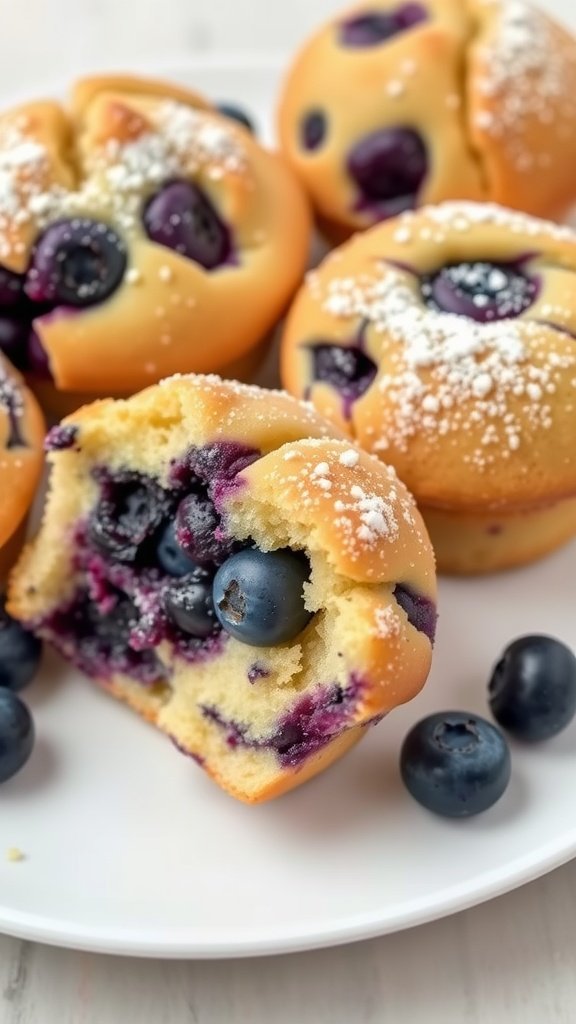 Blaubeer Muffins auf einem Teller, einige sind angeschnitten, und die Füllung ist sichtbar.