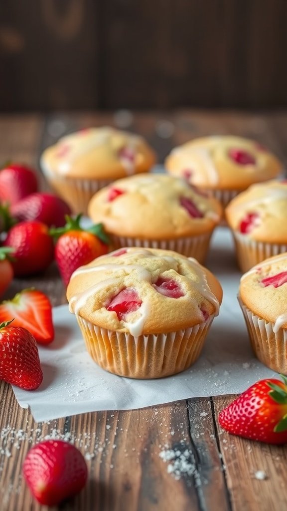 Leckere Erdbeer-Muffins auf einem Holzbrett