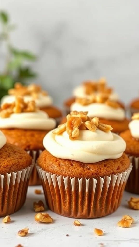 Saftige Karotten-Muffins mit einer Cremehaube und gehackten Nüssen