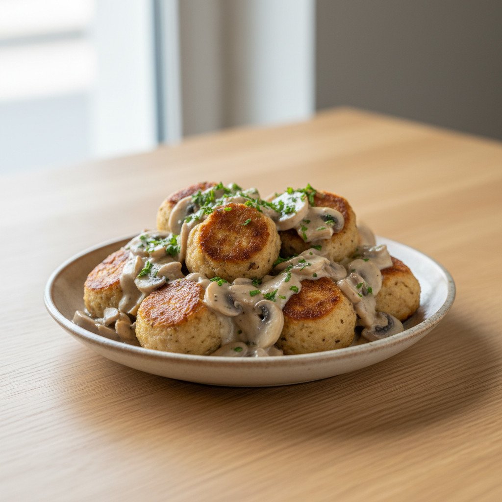 Brezn-Knödel mit Champignonsoße Brezn-Knödel mit Champignonsoße