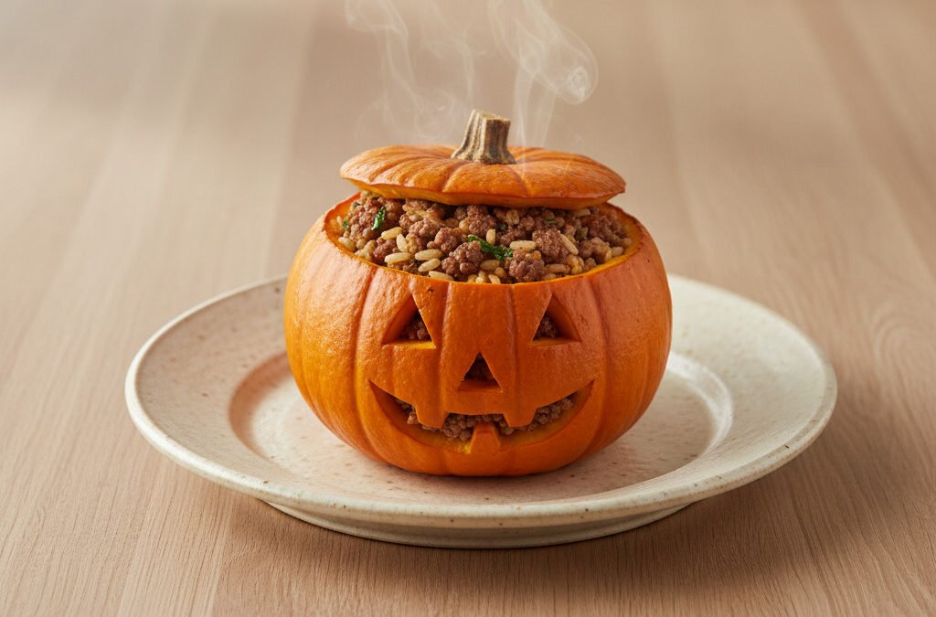 Gefüllter Halloween-Ofenkürbis mit Hack