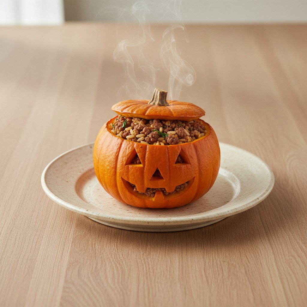 Gefüllter Halloween-Ofenkürbis mit Hack Gefüllter Halloween-Ofenkürbis mit Hack